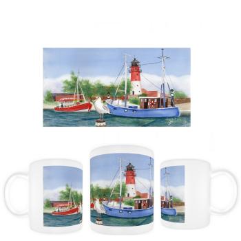 Tasse Becher Kaffeebecher Aquarell Maritim Kunst Druck Kunstdruck Nordsee Büsum Leuchtturm Hafen Strand Meer